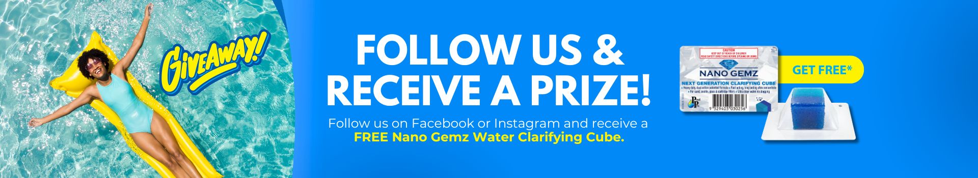 Follow Pool Pro Wynnum Manly Pool Shop in Brisbane to Get a Nano Gemz for free - Banner - Woman on the pool image.